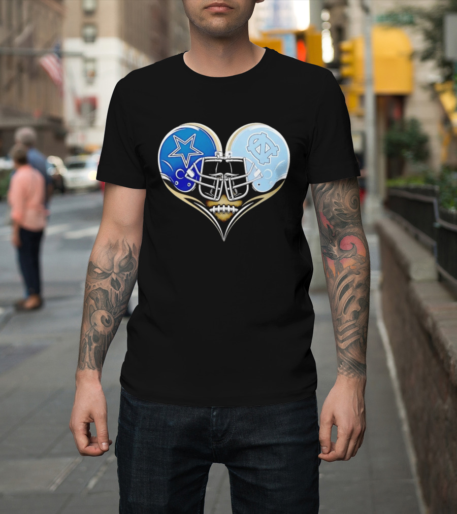 Dallas Cowboys North Carolina Tar Heels Heart Helmet Football T-Shirt