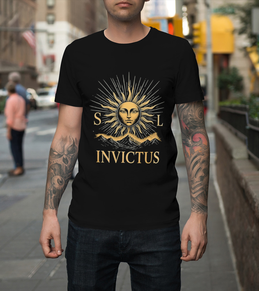 Sol Invictus Sun Face With Radiant Beams And Mountain Celestial T-Shirt