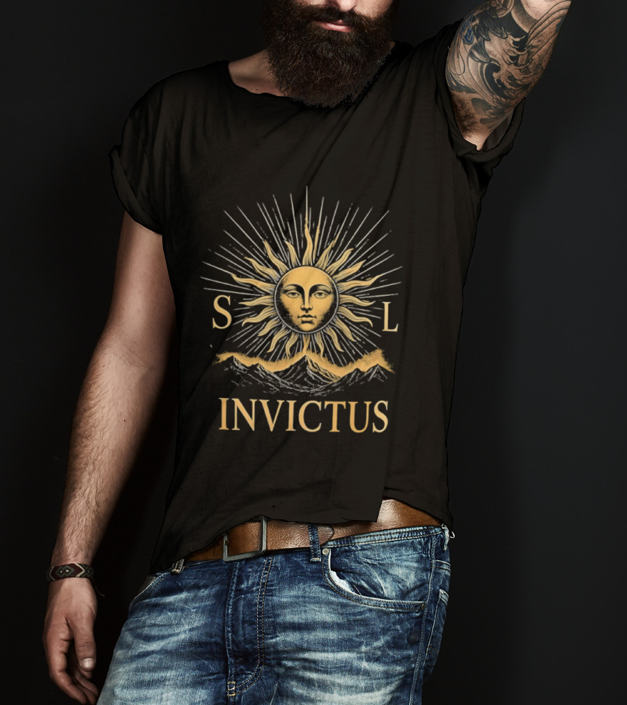 Sol Invictus Sun Face With Radiant Beams And Mountain Celestial T-Shirt