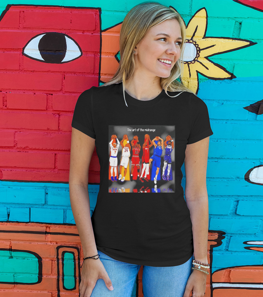 The Art Of The Midrange Basketball Legends Collage Knicks Lakers Bulls Rockets Mavericks T-Shirt