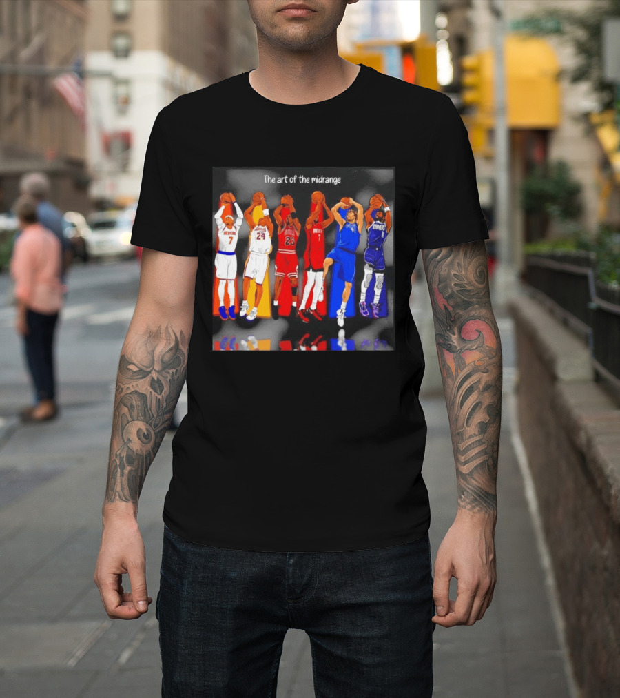 The Art Of The Midrange Basketball Legends Collage Knicks Lakers Bulls Rockets Mavericks T-Shirt