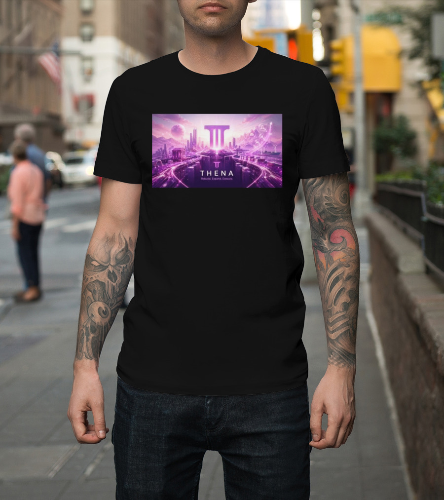 Thena Rebuild Expand Execute Futuristic Cityscape With Purple Skyline And Skyscrapers T-Shirt