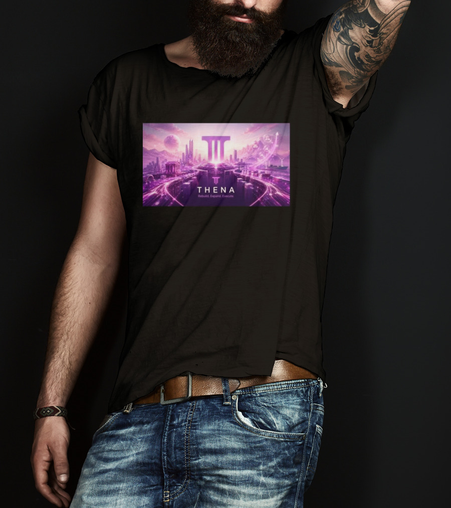 Thena Rebuild Expand Execute Futuristic Cityscape With Purple Skyline And Skyscrapers T-Shirt