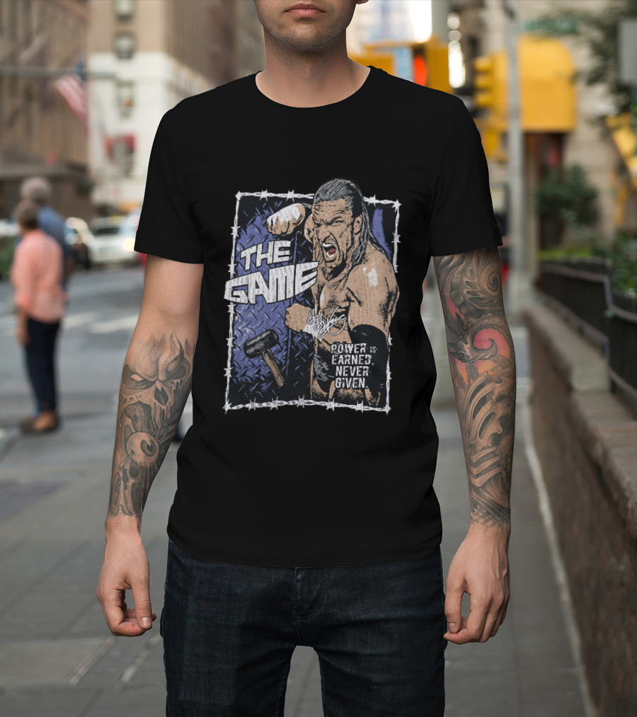 Triple H The Game WWE Power Is Earned Never Given Barbed Wire Signature Sledgehammer T-Shirt