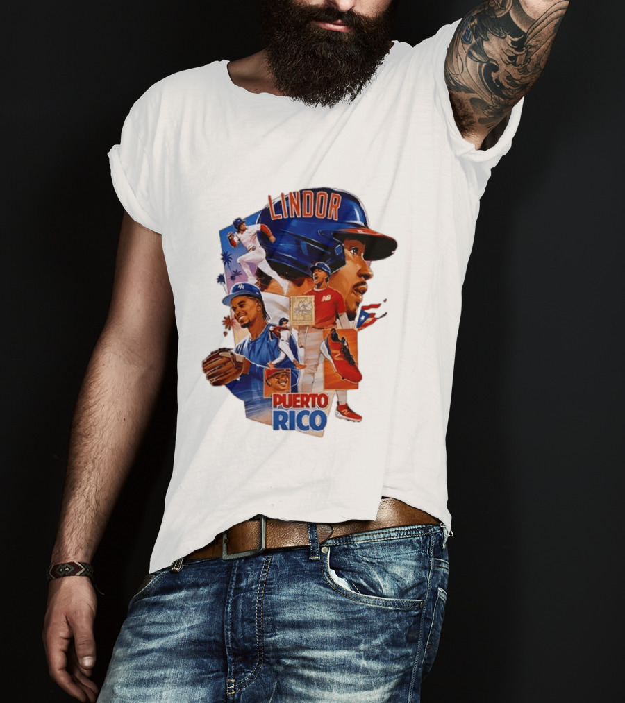 Francisco Lindor Puerto Rico New York Mets Baseball Legend Blue And Orange Helmet Dynamic Action Moves T-Shirt