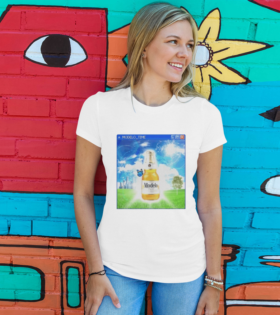 Modelo Time Frutiger Aero Aesthetic Butterfly Bottle Clouds Cityscape T-Shirt