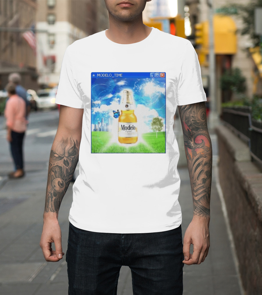 Modelo Time Frutiger Aero Aesthetic Butterfly Bottle Clouds Cityscape T-Shirt