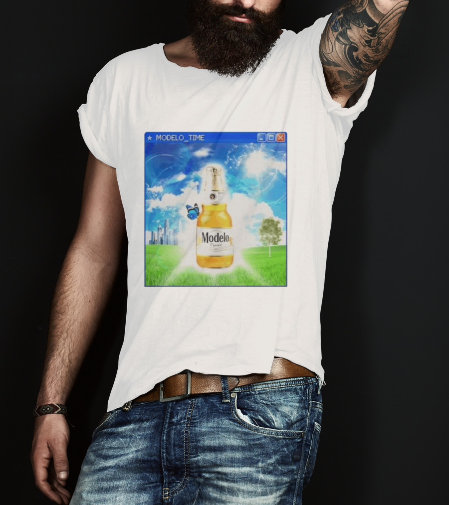Modelo Time Frutiger Aero Aesthetic Butterfly Bottle Clouds Cityscape T-Shirt