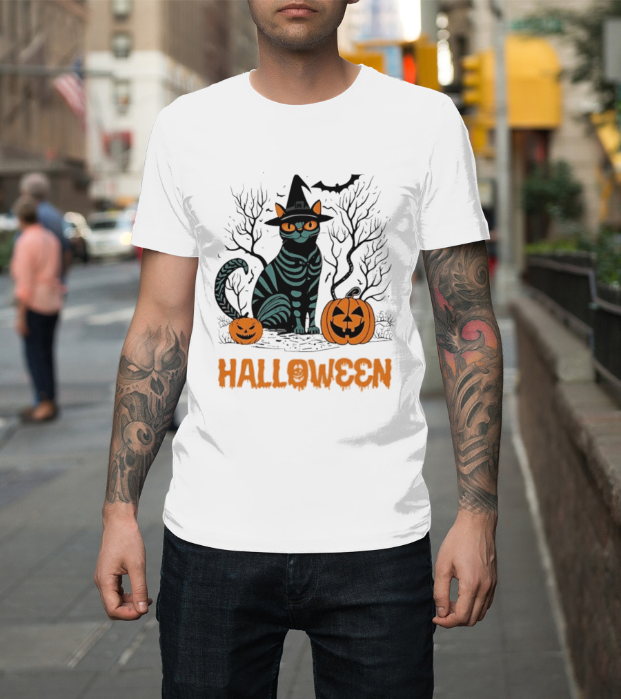 Halloween Skeleton Cat Witch Hat Pumpkins Spooky Forest Scene T-Shirt