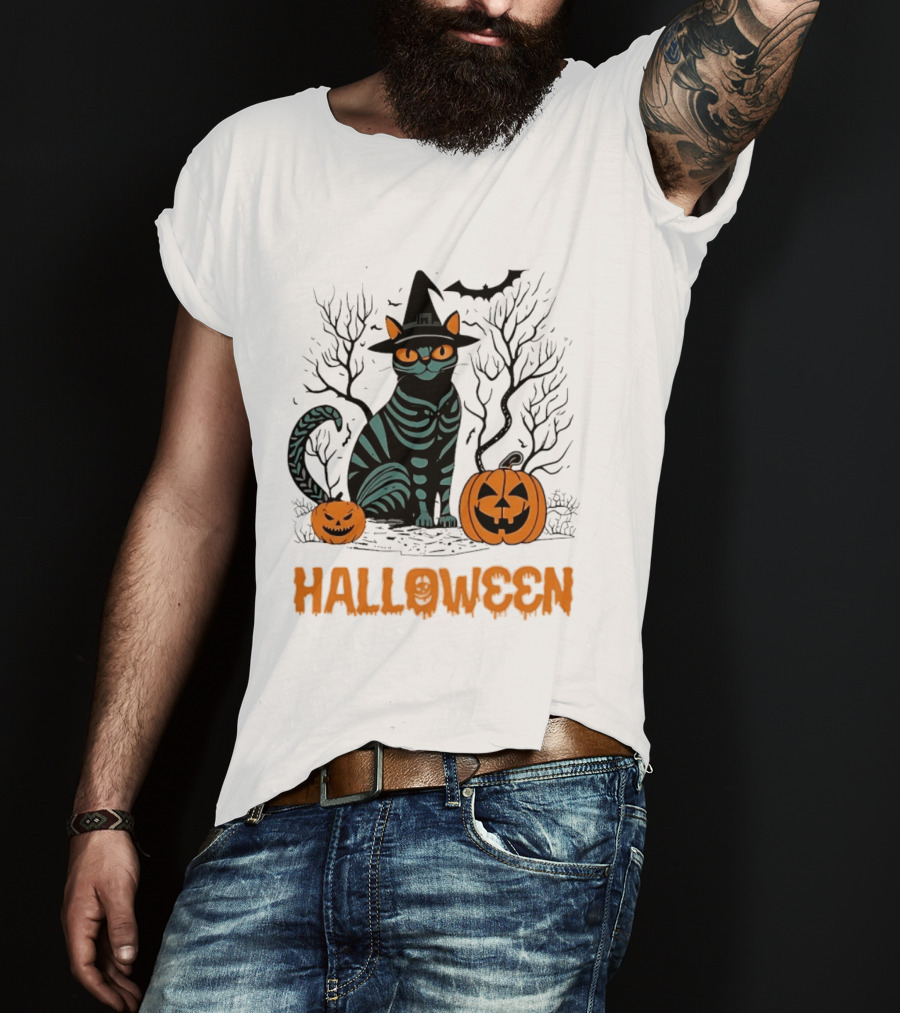 Halloween Skeleton Cat Witch Hat Pumpkins Spooky Forest Scene T-Shirt