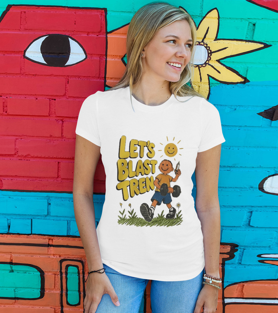 Let's Blast Tren Bodybuilding Fitness Workout Cartoon Dumbbell Sun T-Shirt