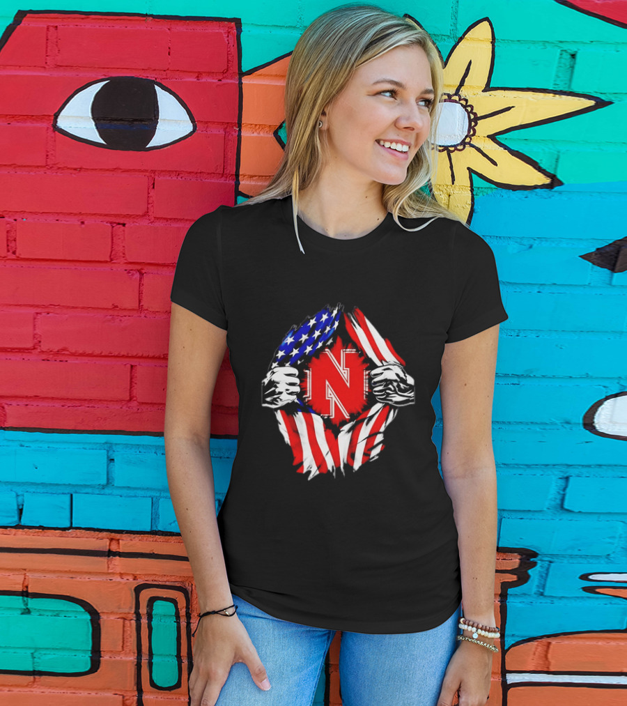 Nebraska Cornhuskers N Logo Ripped American Flag T-Shirt