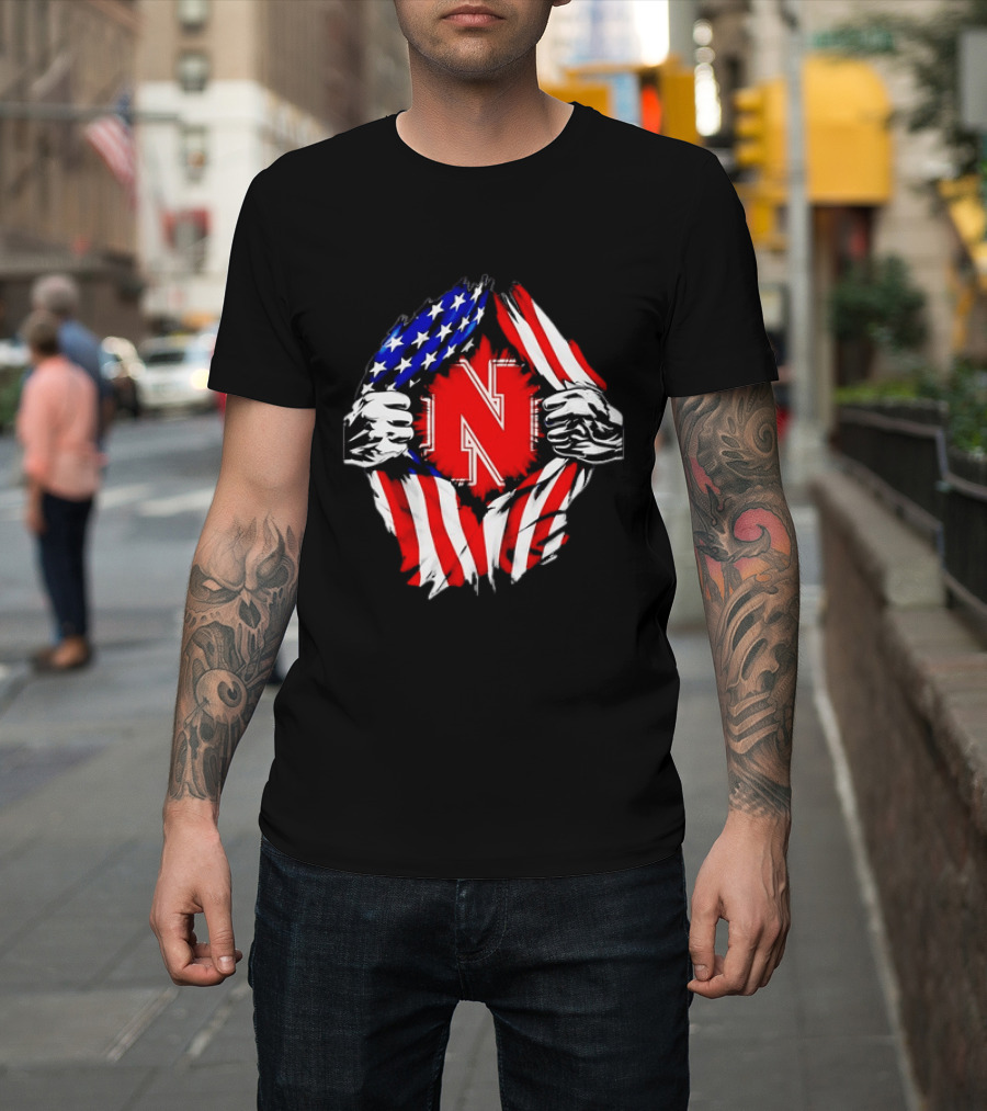 Nebraska Cornhuskers N Logo Ripped American Flag T-Shirt