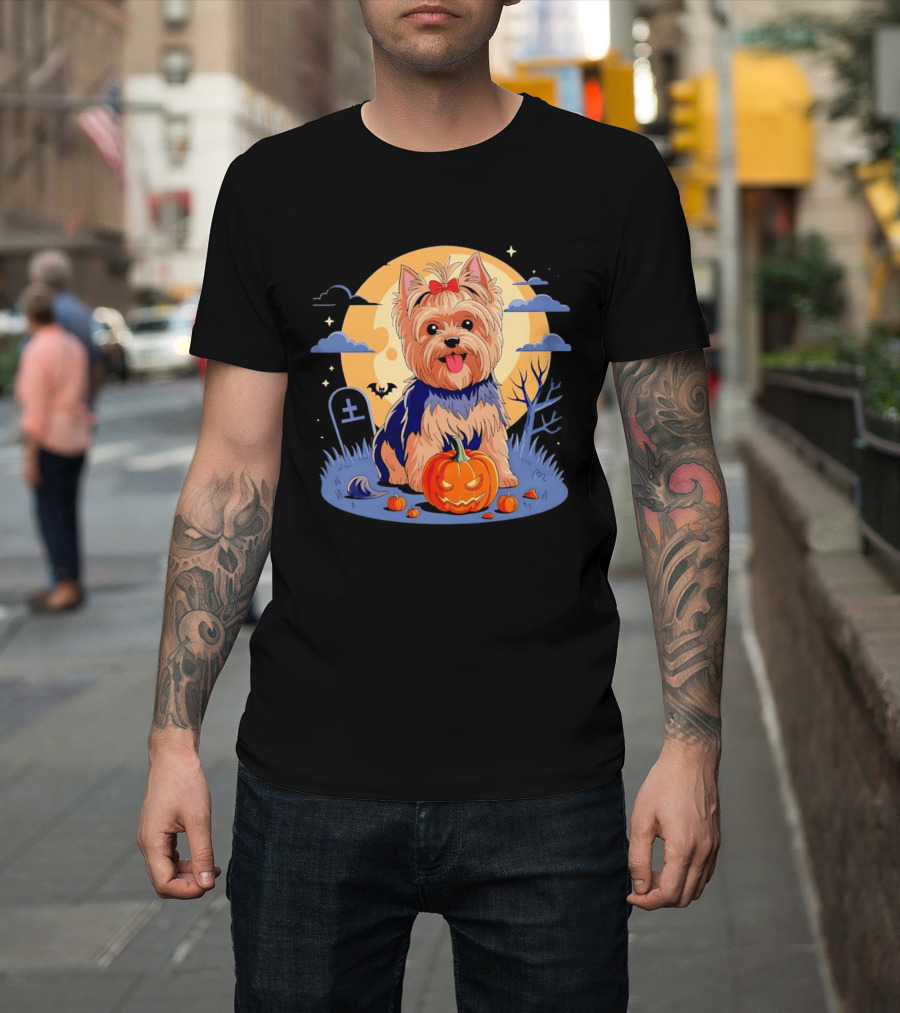 Yorkshire Terrier With Pumpkin On Spooky Halloween Night T-Shirt
