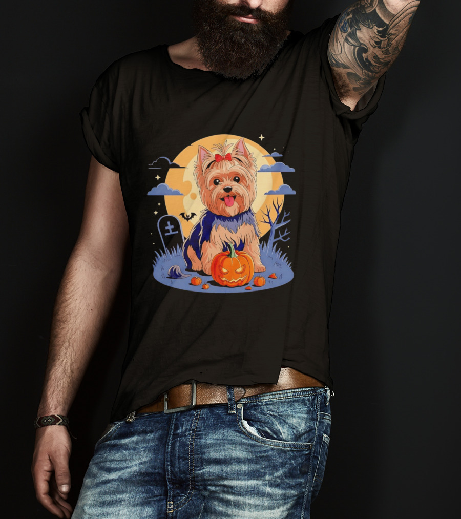 Yorkshire Terrier With Pumpkin On Spooky Halloween Night T-Shirt