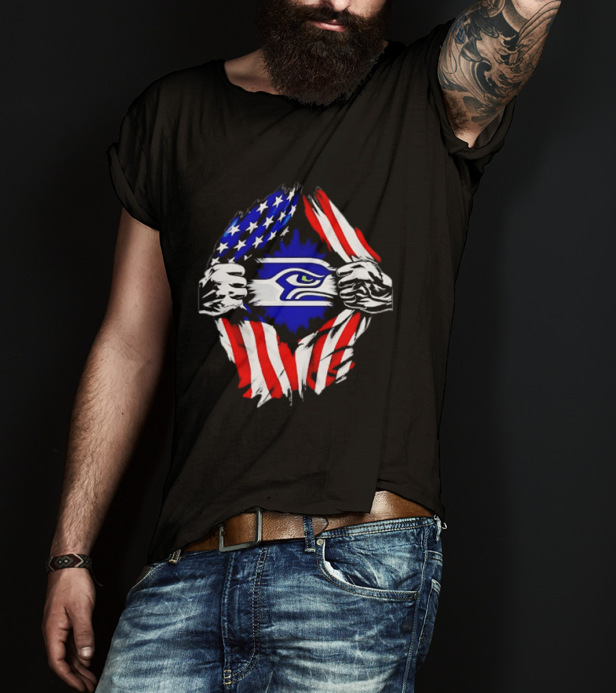 Seattle Seahawks American Flag Ripped Chest USA Fan Gear T-Shirt