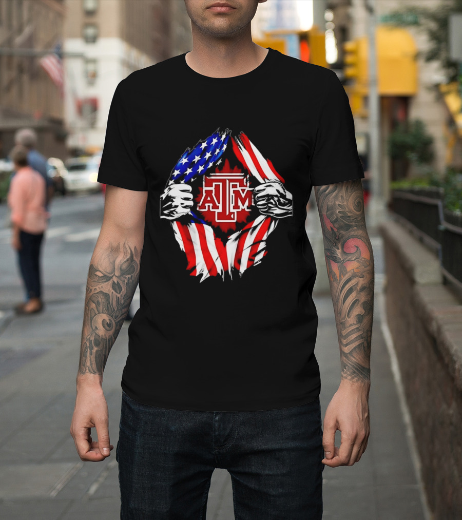 Texas A And M University Ripped Chest American Flag T-Shirt