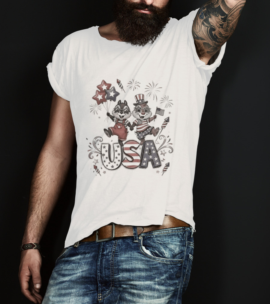 Chip And Dale USA Patriotic Fireworks Stars And Stripes Fourth Of July T-Shirt