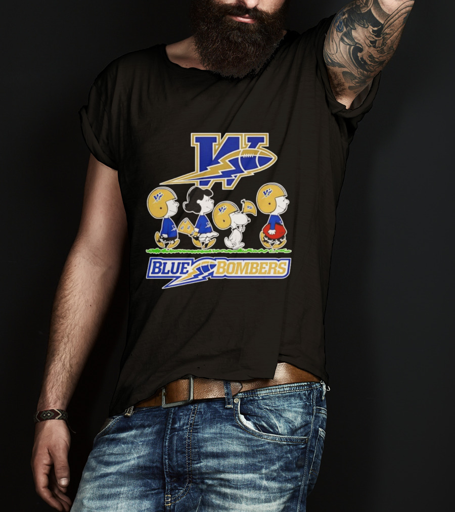 Peanuts Characters Winnipeg Blue Bombers CFL Collaboration Charlie Brown Snoopy Lucy Football Helmets T-Shirt