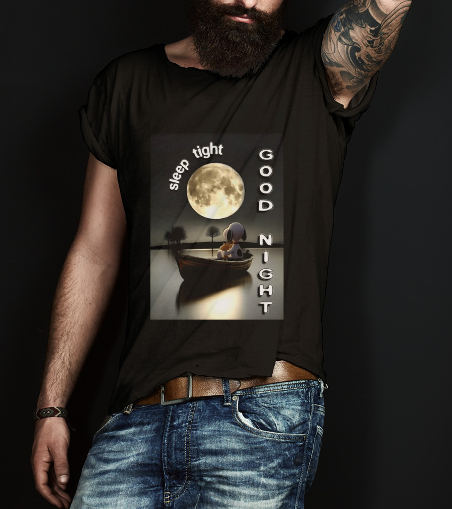Sleep Tight Good Night Snoopy And Woodstock Moonlight Boat Scene T-Shirt