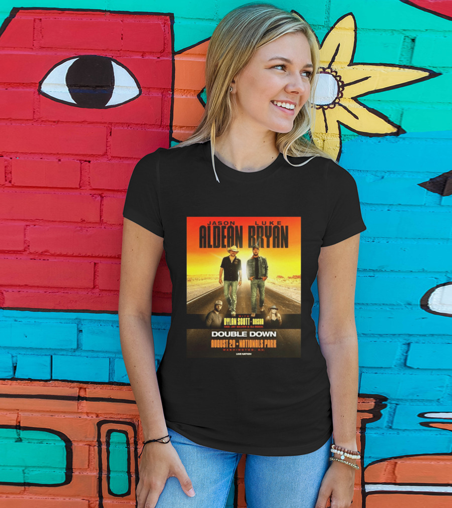 Jason Aldean Luke Bryan Double Down August 20 Nationals Park Washington D.C. With Dylan Scott Dasha Dee Jay Silver Dj Rock Live Nation T-Shirt