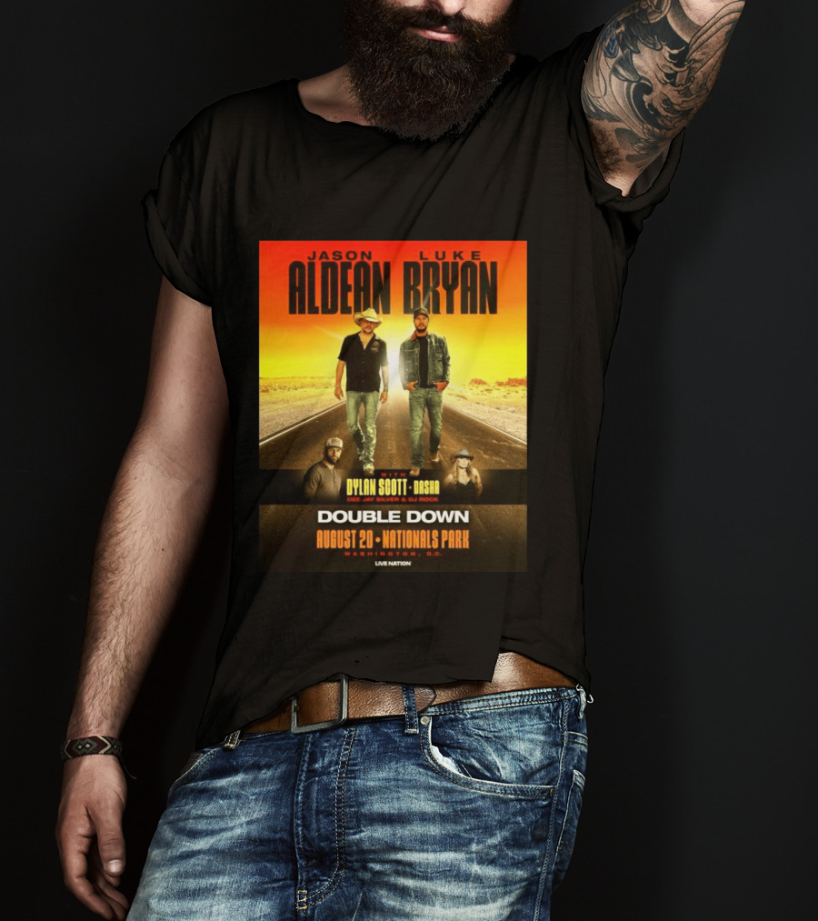 Jason Aldean Luke Bryan Double Down August 20 Nationals Park Washington D.C. With Dylan Scott Dasha Dee Jay Silver Dj Rock Live Nation T-Shirt