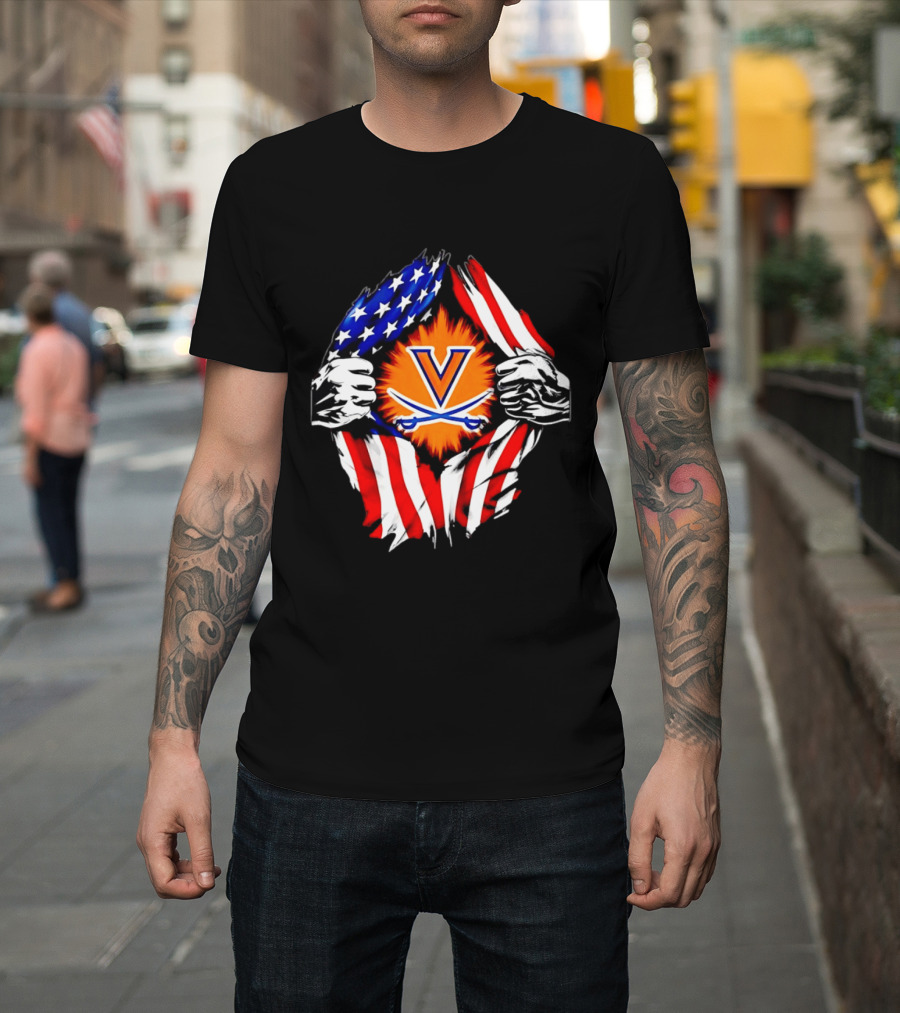 Virginia Cavaliers American Flag Ripped Chest V T-Shirt