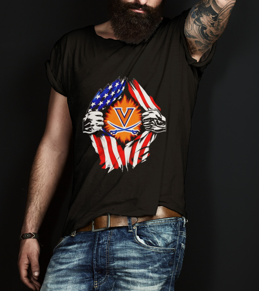 Virginia Cavaliers American Flag Ripped Chest V T-Shirt