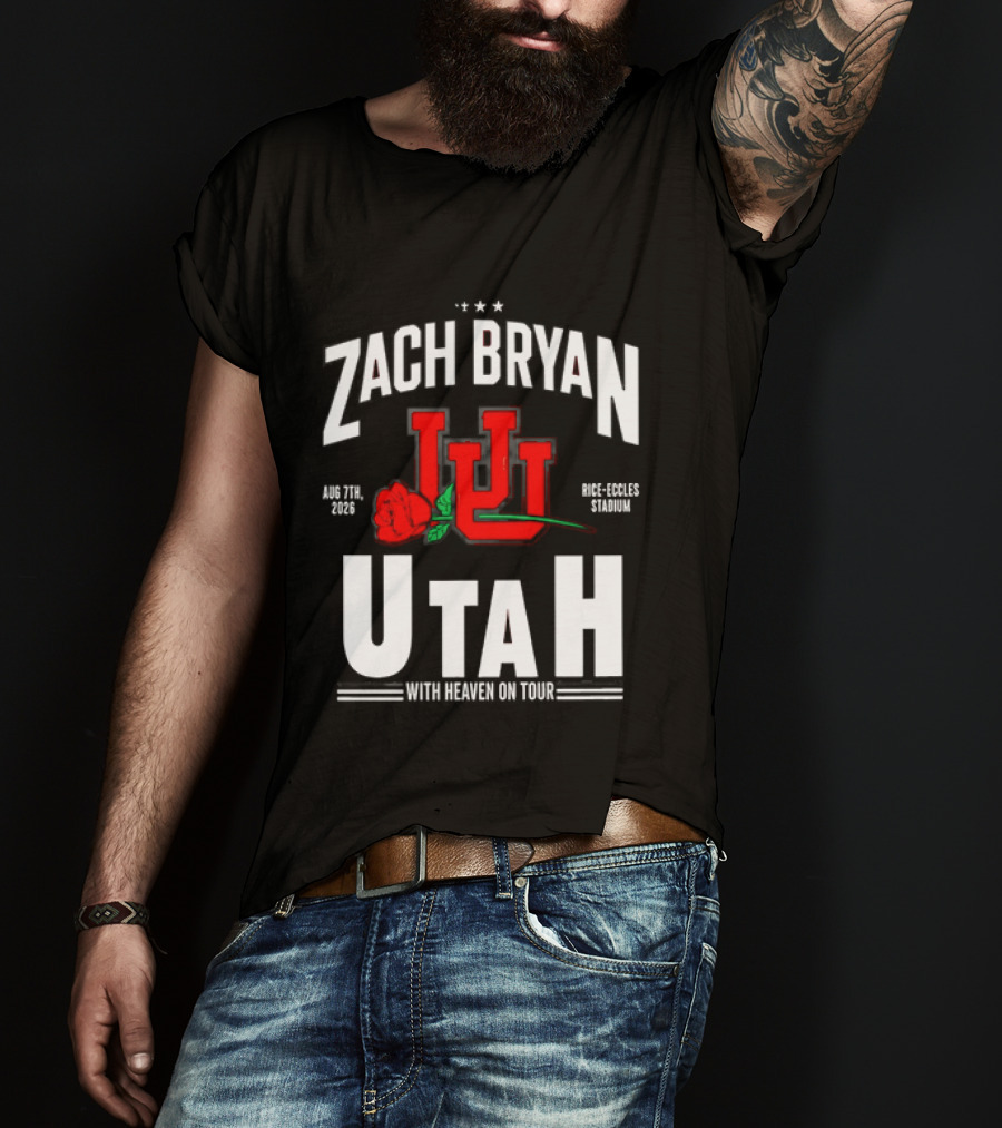 Zach Bryan Utah Rice Eccles Stadium Aug 7th 2026 With Heaven On Tour Red Rose JJJ T-Shirt