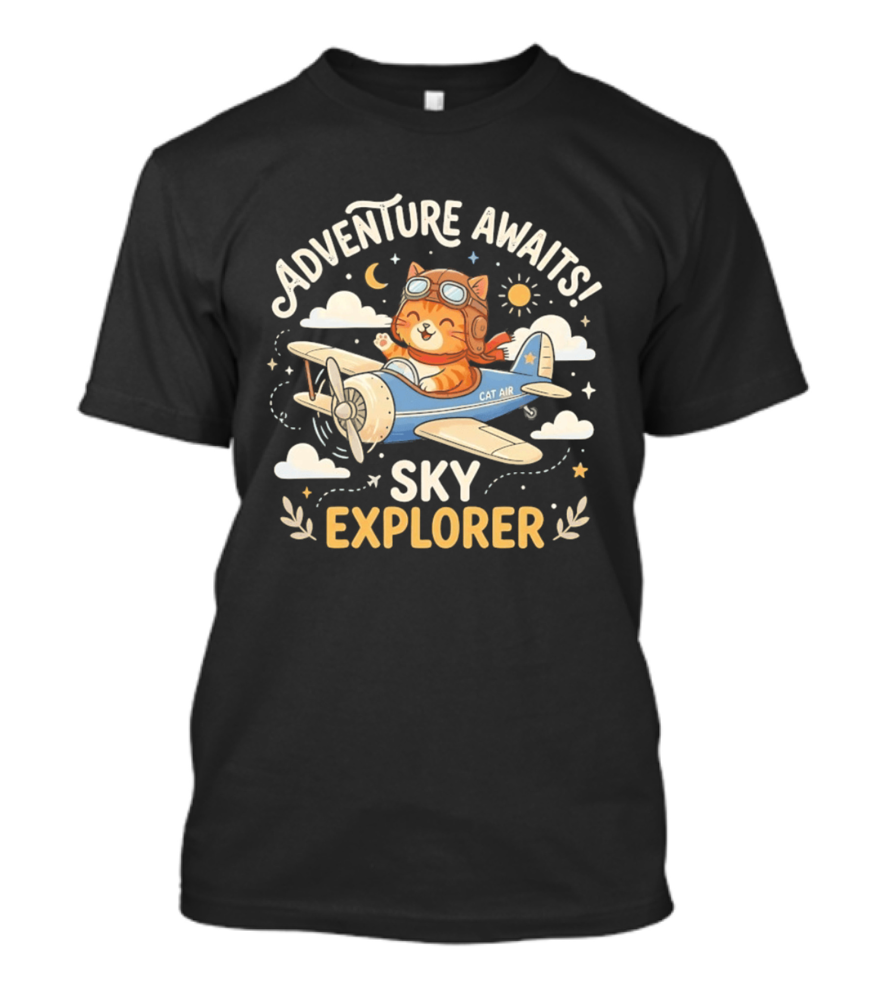 Adventure Awaits Cat Sky Explorer Airplane T-Shirt