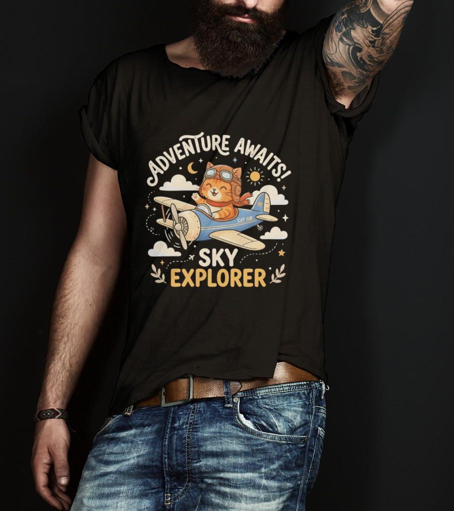Adventure Awaits Cat Sky Explorer Airplane T-Shirt