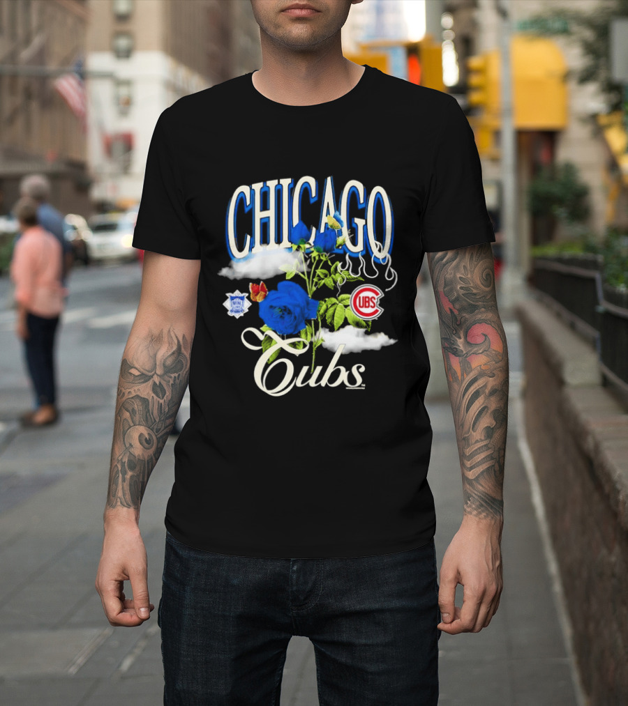Chicago Cubs National League Blue Floral Rose Clouds T-Shirt