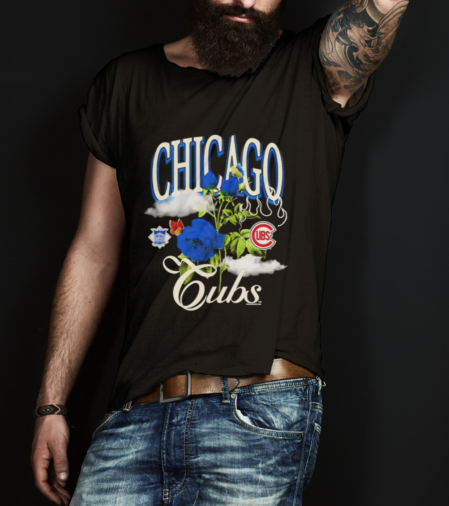 Chicago Cubs National League Blue Floral Rose Clouds T-Shirt