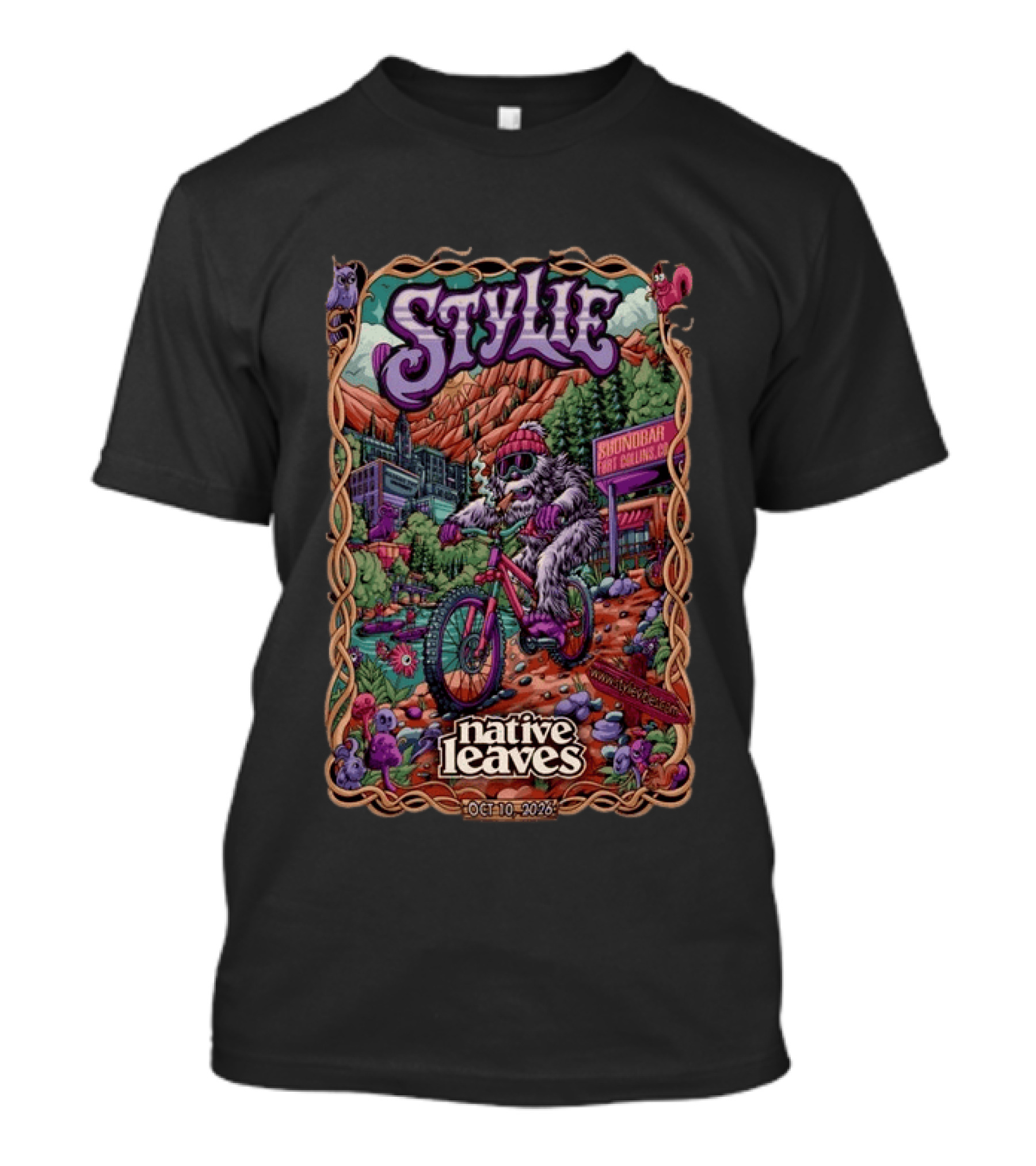 Stylie Native Leaves Yeti Mountain Biking Sound Bar Fort Collins Oct 10 2026 T-Shirt