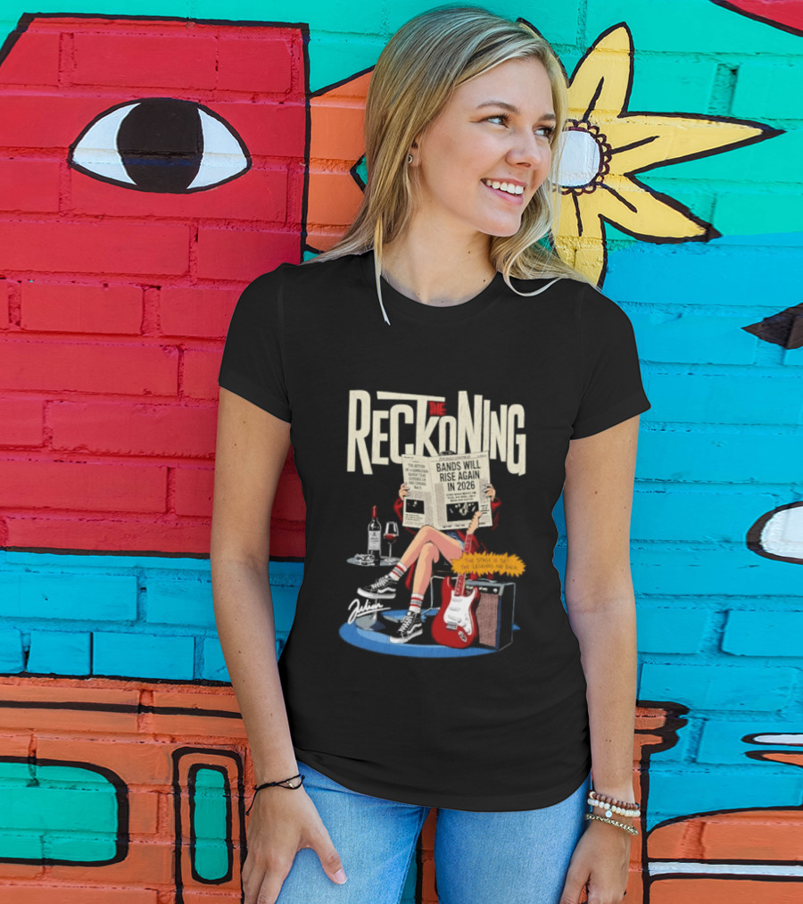 The Reckoning Bands Will Rise Again 2026 Woman Reading Newspaper Red Electric Guitar Amp T-Shirt