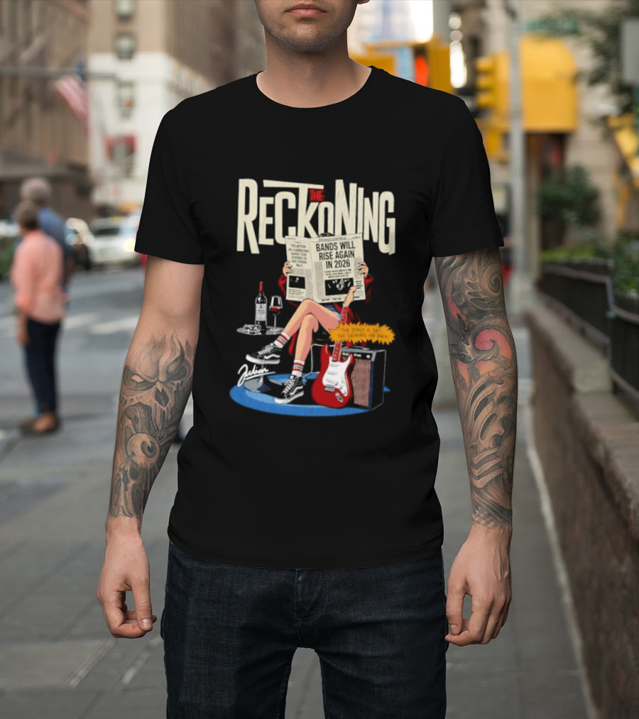 The Reckoning Bands Will Rise Again 2026 Woman Reading Newspaper Red Electric Guitar Amp T-Shirt