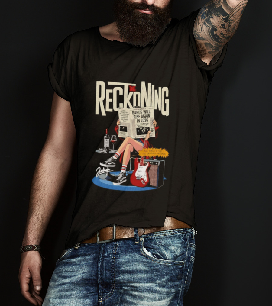 The Reckoning Bands Will Rise Again 2026 Woman Reading Newspaper Red Electric Guitar Amp T-Shirt