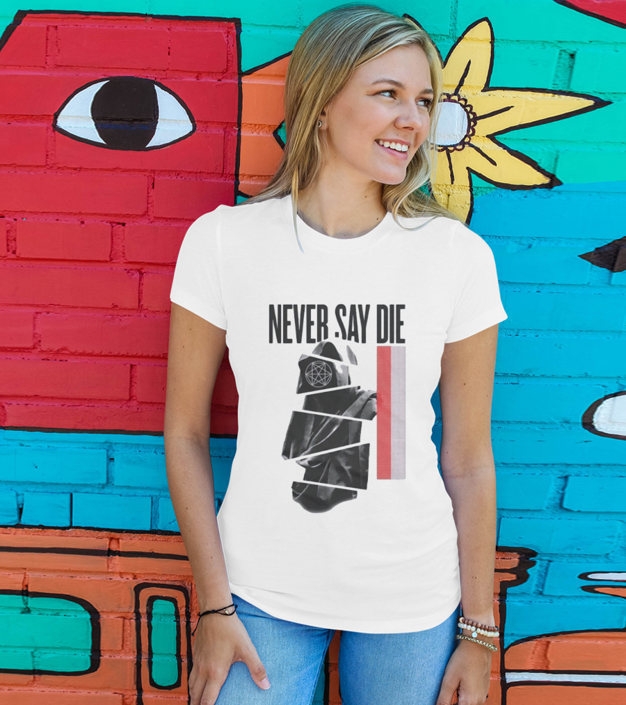 Never Say Die Hooded Occult Figure With Pentagram Halftone T-Shirt
