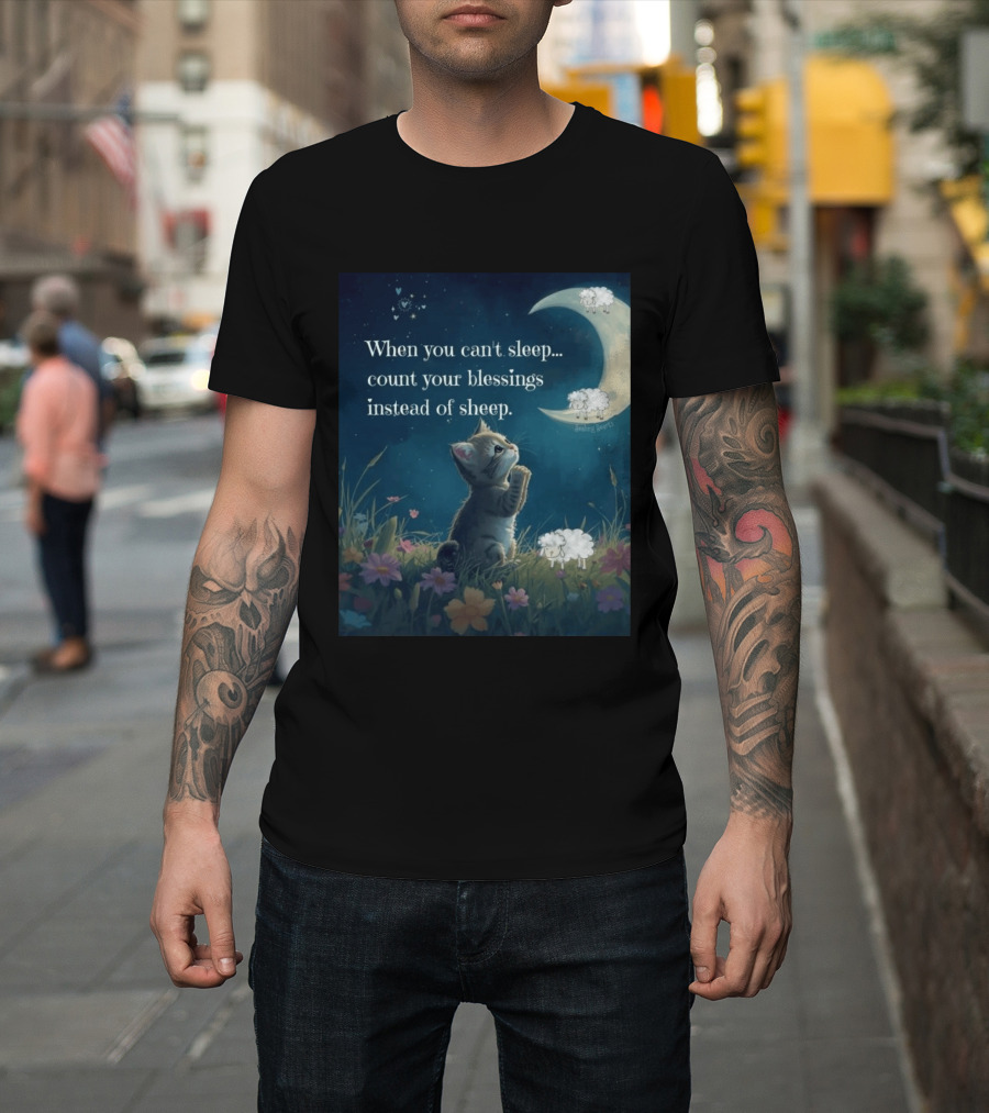 Cat When You Can't Sleep Count Your Blessings Instead Of Sheep Healing Vibes Moon Sheep Flowers T-Shirt