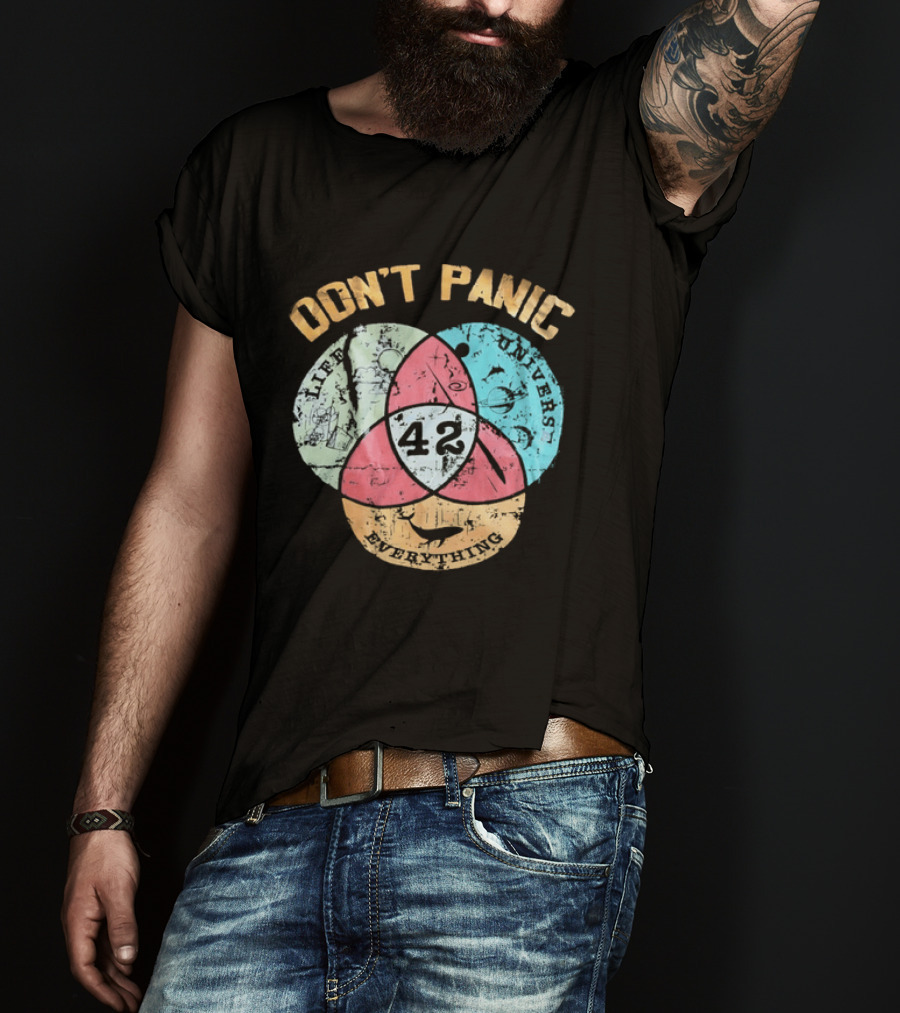 Don't Panic Life Universe Everything 42 Distressed T-Shirt