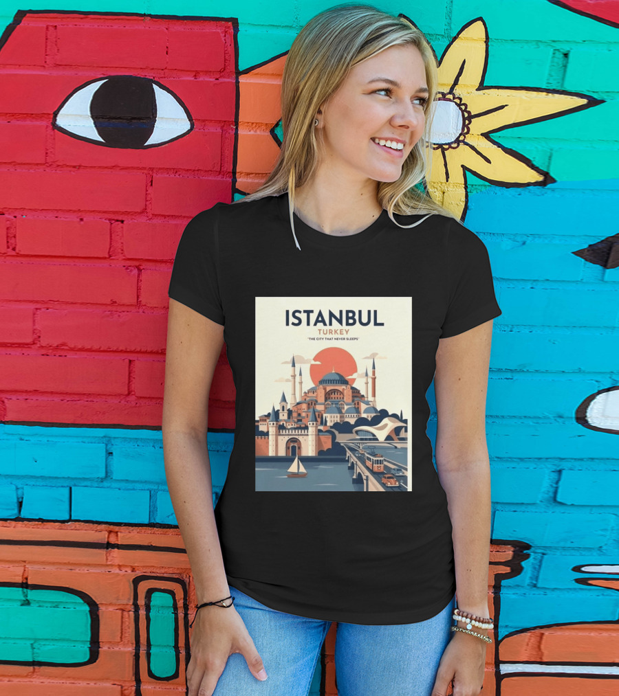 Istanbul Turkey The City That Never Sleeps Iconic Landmarks Urban Skyline Retro Style Scenic Tram And Sailboat T-Shirt