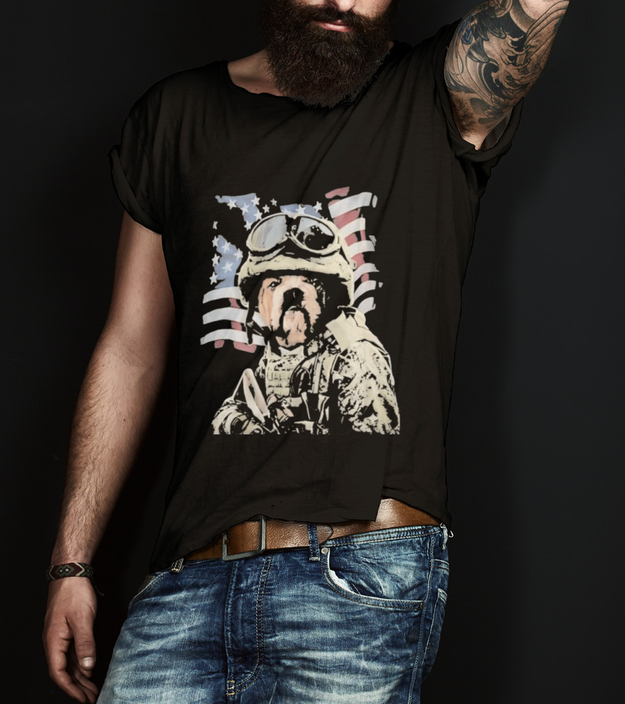 American Bulldog Soldier With United States Flag Goggles And Military Gear T-Shirt