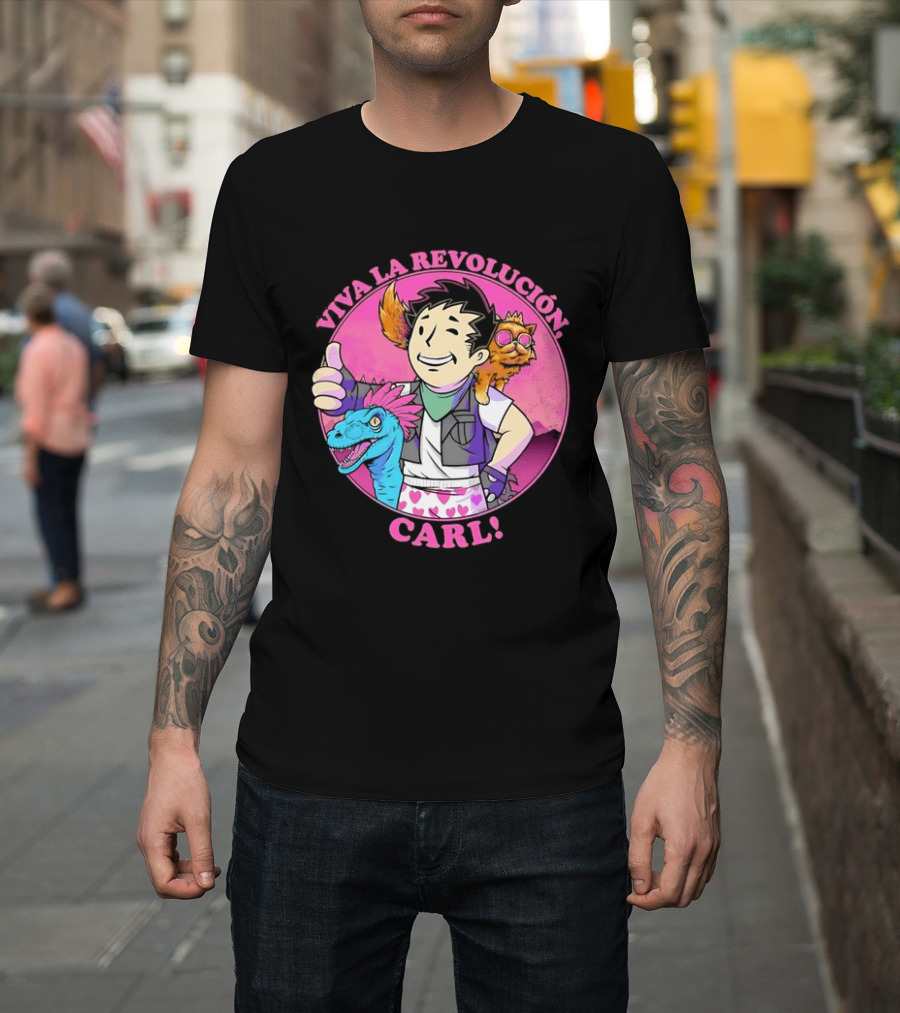 Viva La Revolución Carl Fallout Vault Boy Dinosaur Cat T-Shirt