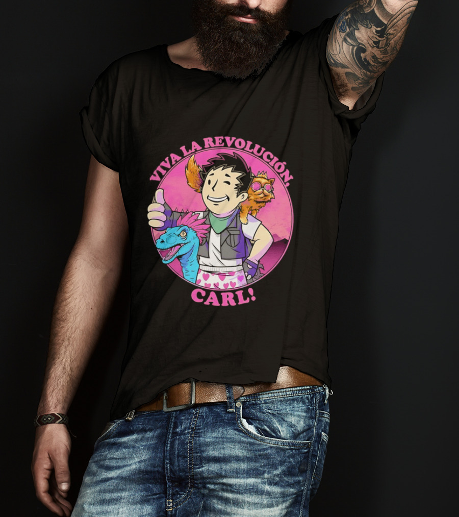 Viva La Revolución Carl Fallout Vault Boy Dinosaur Cat T-Shirt