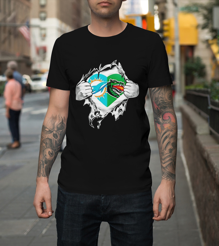 Miami Dolphins UAB Blazers Heart Superman Chest Rip T-Shirt