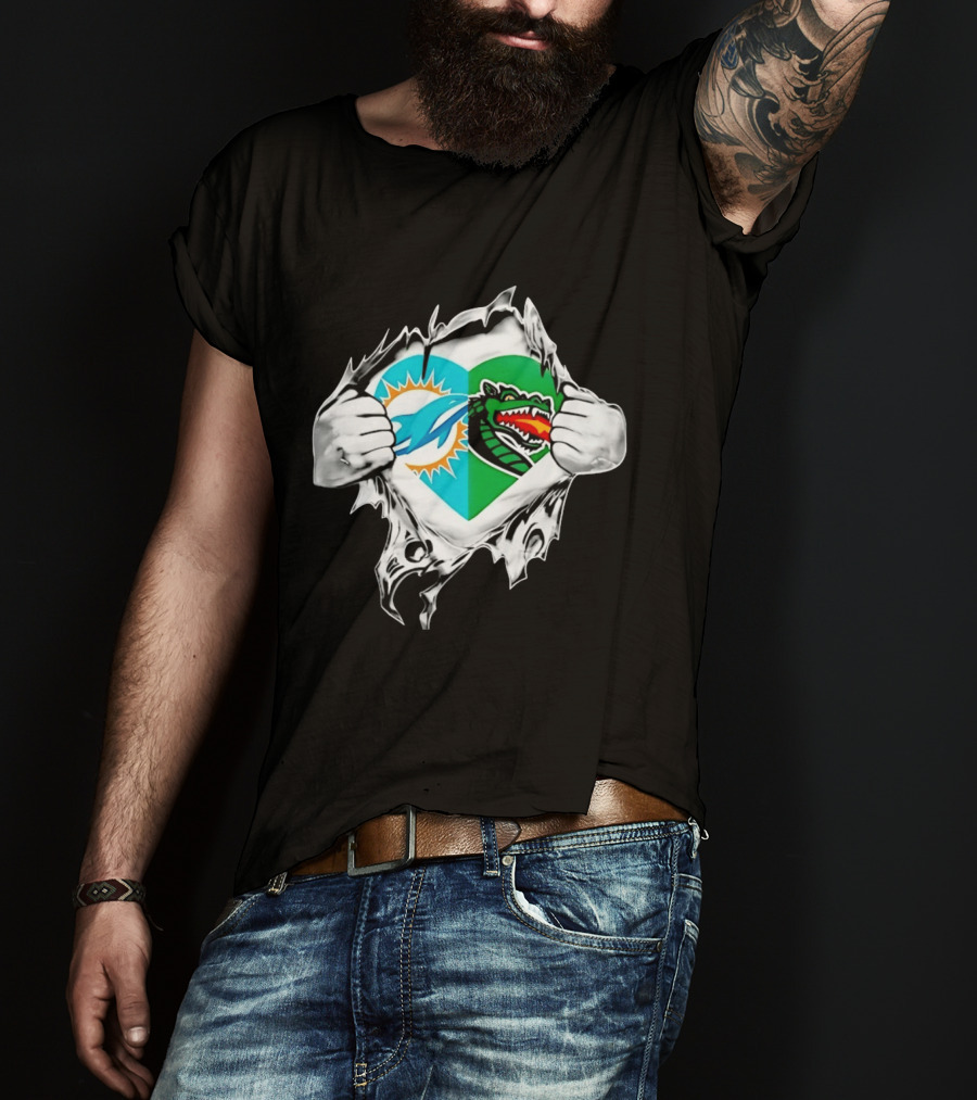 Miami Dolphins UAB Blazers Heart Superman Chest Rip T-Shirt