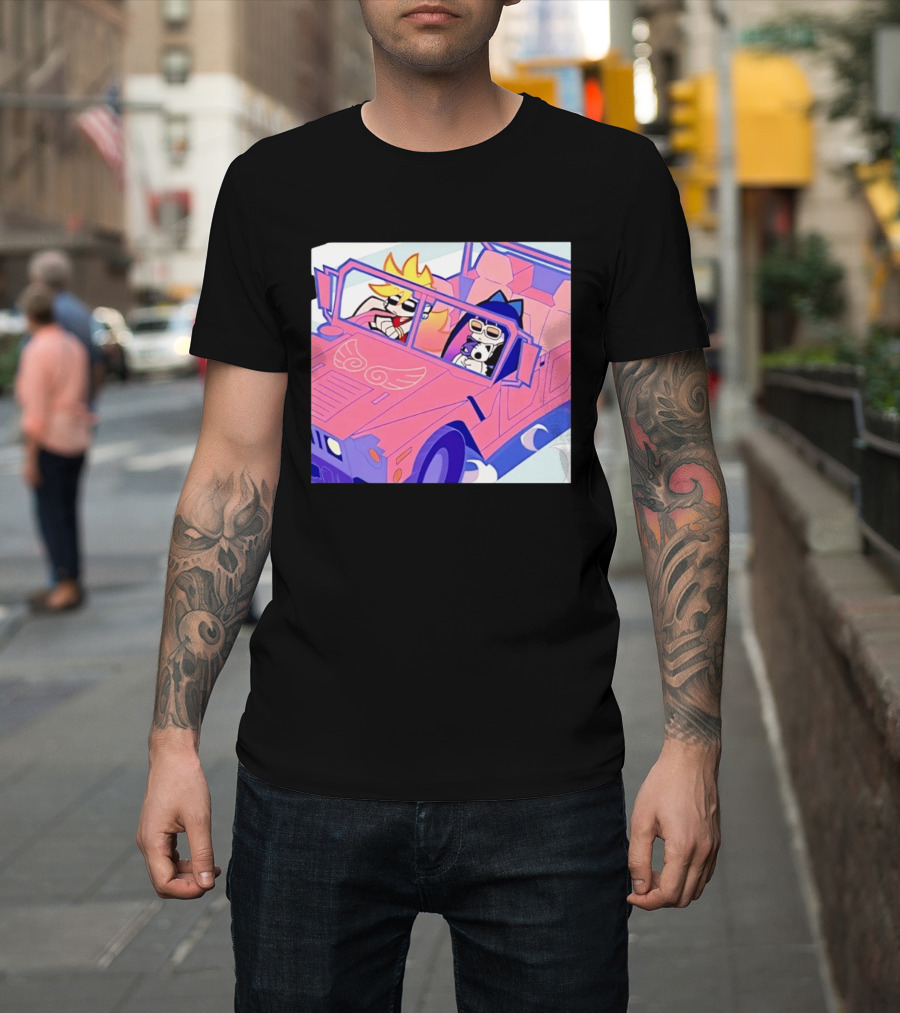 Panty And Stocking With Garterbelt Anime Characters Riding In Pink Car T-Shirt