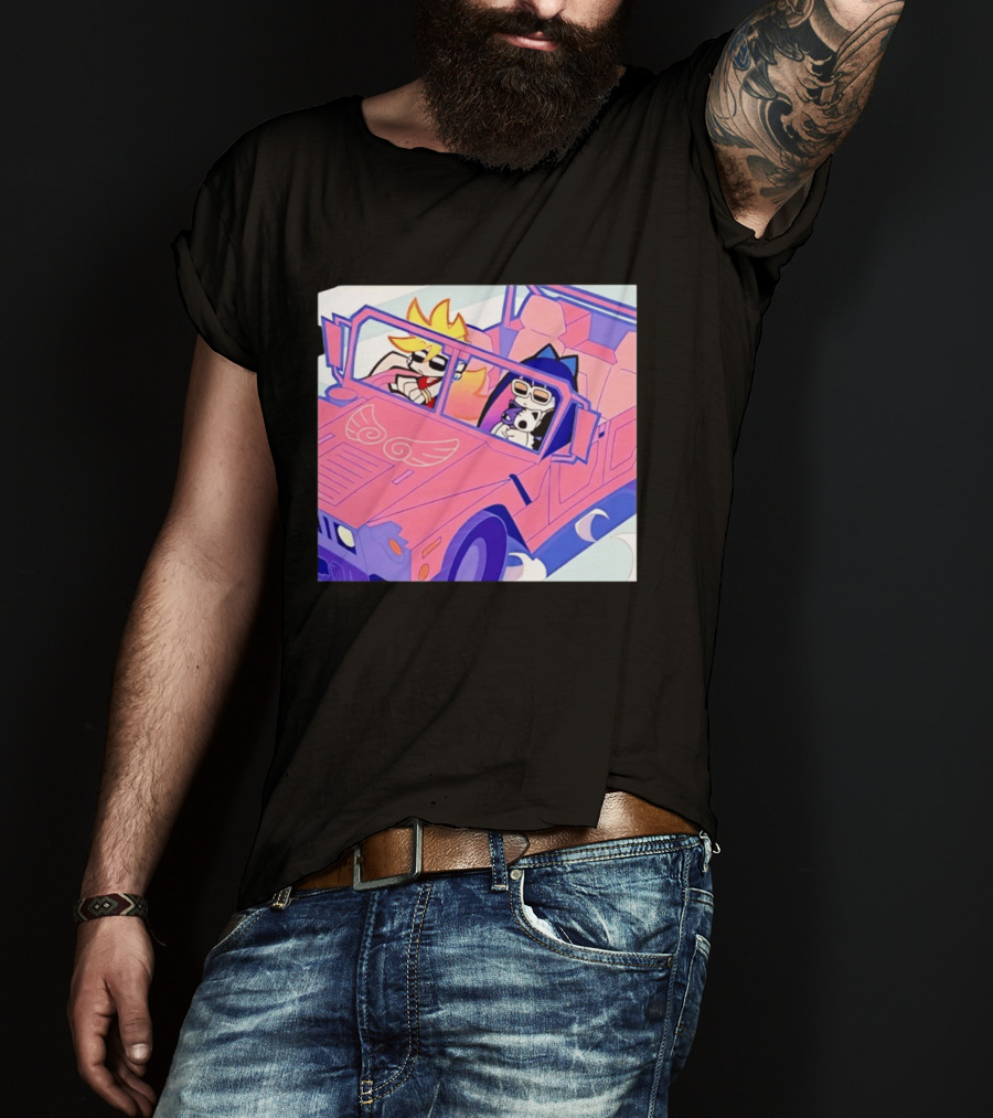 Panty And Stocking With Garterbelt Anime Characters Riding In Pink Car T-Shirt