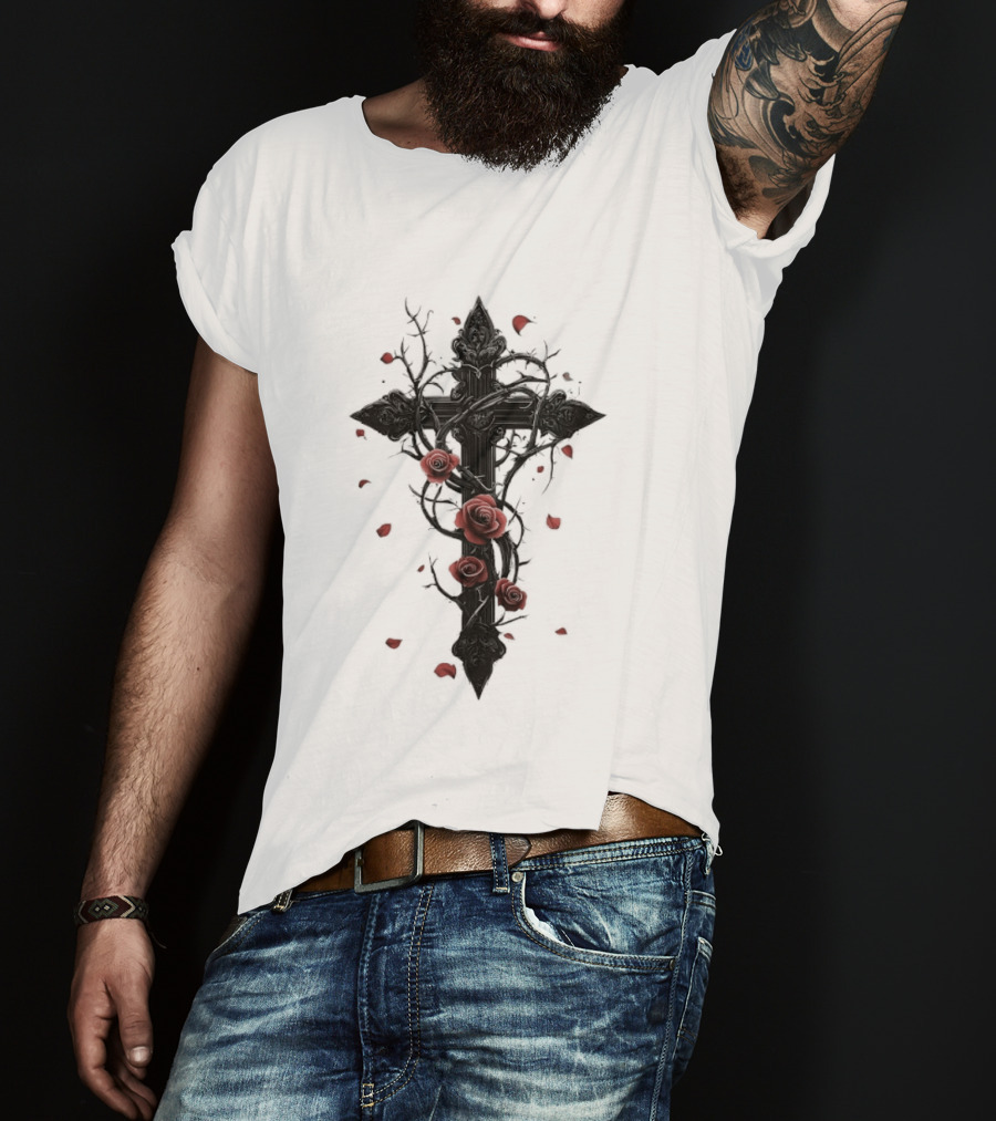 Gothic Cross Red Roses Thorns Religious Symbol Roses T-Shirt