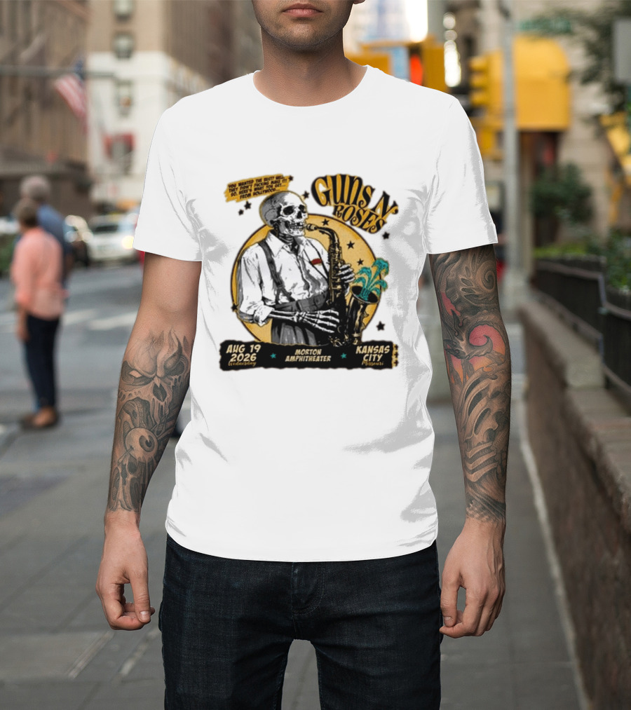 Guns N' Roses Aug 19 2026 Morton Amphitheater Kansas City Skeleton Saxophone T-Shirt
